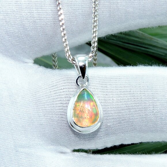 Opal Gemstone Sterling Silver Pendant With Adjustable Chain, Tiny Pendant - Picture 1 of 6